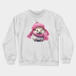 Adorable cute hedgehog wearing a pink hat and scarf Crewneck Sweatshirt